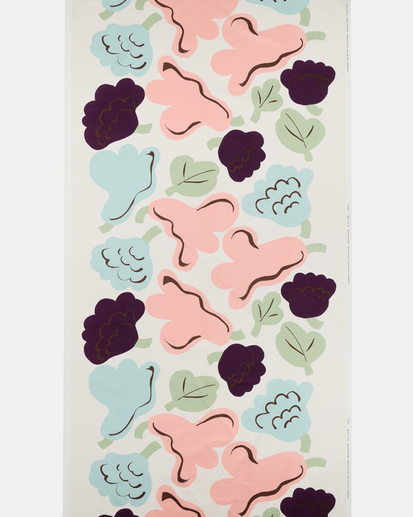 Marimekko Kukasta Kukkaan Cotton Sateen Fabric – Off-White / Warm Pink / Pale Green