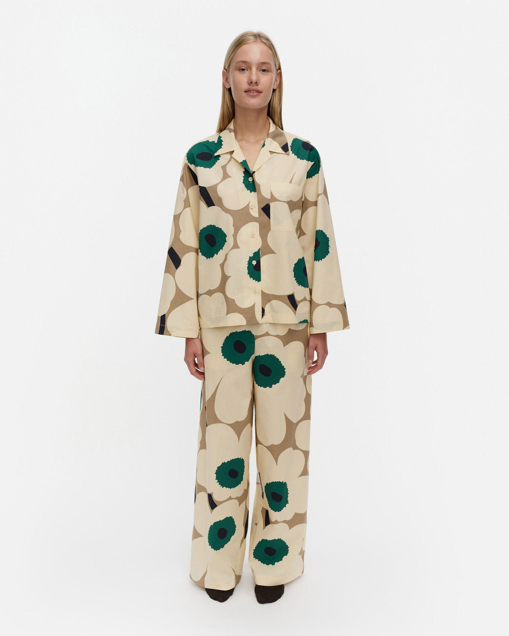 Marimekko Arvoituksia Unikko Pyjama Trousers – Beige / Khaki Green / Green