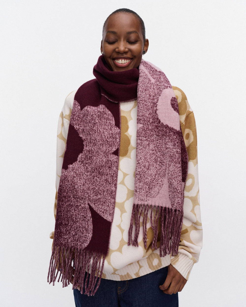 Marimekko Onnekas Unikko Kioski Scarf Light Pink / Dark Wine Red