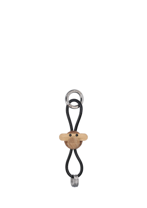 Monkey silver metal Keychain with Black Leather teak/limba