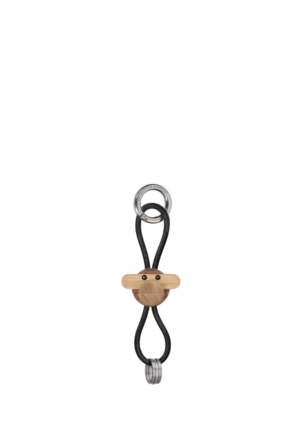Monkey Keychain teak/limba silver metal black leather