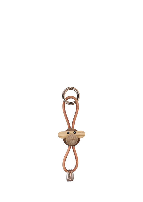 Monkey golden metal Keychain with Natural Leather teak/limba