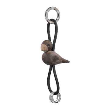Bird silver metal Keychain with Black Leather smoked oak