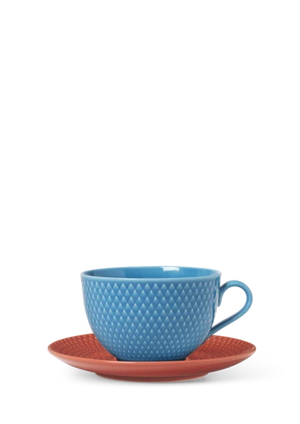 Rhombe Color Tea cup with saucer 39 cl blue/terracotta