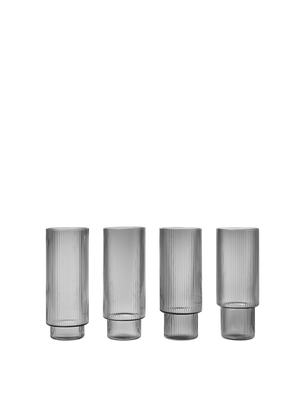ferm LIVING Ripple Long Drink Glasses – Set of 4 – Smoked Grey