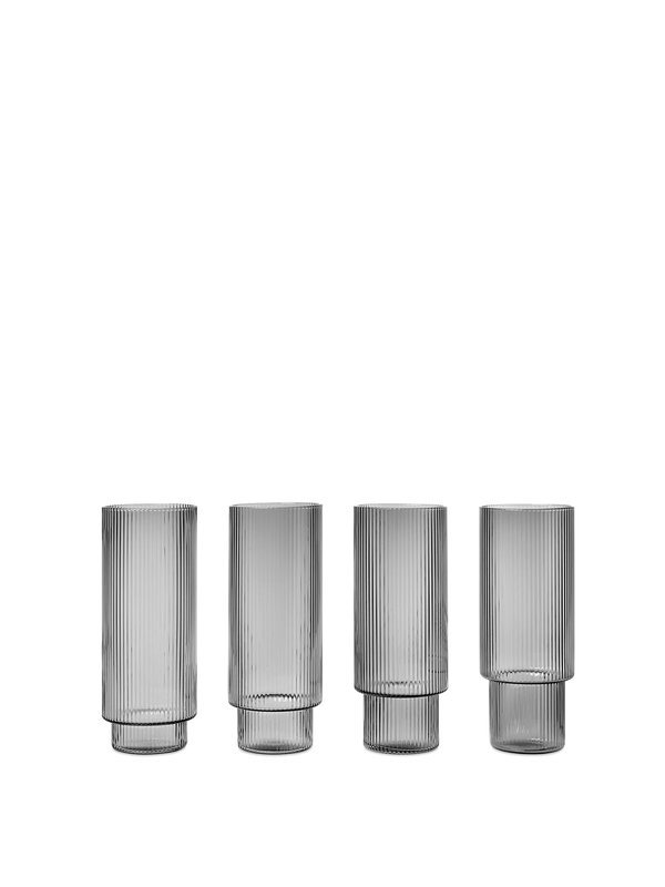 ferm LIVING Ripple Long Drink Glasses – Set of 4 – Smoked Grey