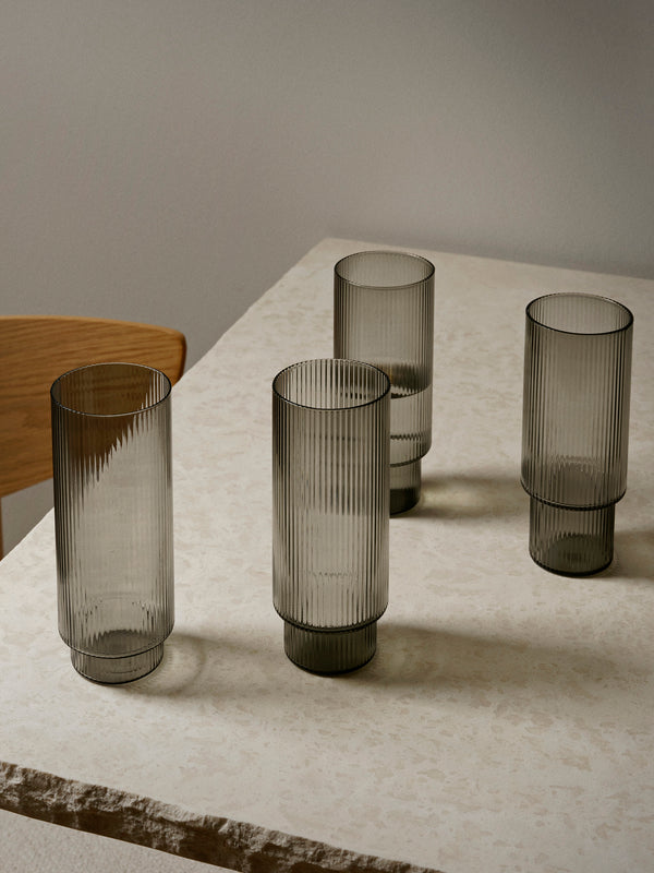 ferm LIVING Ripple Long Drink Glasses – Set of 4 – Smoked Grey
