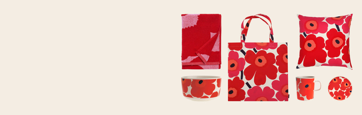 Marimekko Unikko pattern mug, bowl, plate, towel, tote bag and cushion cover