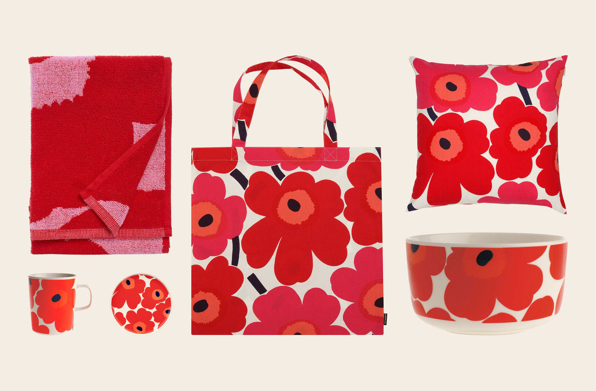 Marimekko Unikko pattern mug, bowl, plate, towel, tote bag and cushion cover